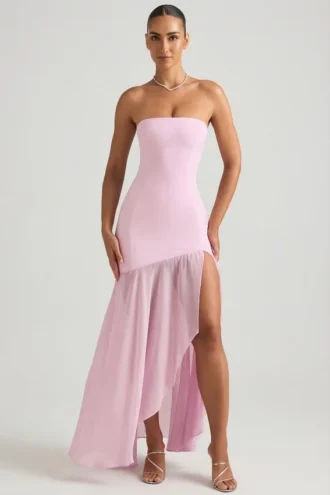 Melina Asymmetric Strapless Fishtail Maxi Dress in Soft Pink