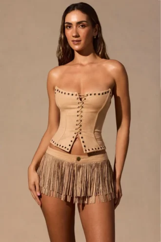 Meliora Fringed Low-Rise Mini Shorts in Tan