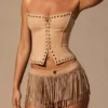 Meliora Fringed Low-Rise Mini Shorts in Tan
