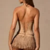 Meliora Fringed Low-Rise Mini Shorts in Tan