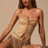 Meliora Fringed Low-Rise Mini Shorts in Tan