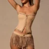 Meliora Fringed Low-Rise Mini Shorts in Tan