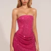 Mellie Embellished Draped Strapless A-Line Mini Dress in Hot Pink