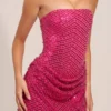 Mellie Embellished Draped Strapless A-Line Mini Dress in Hot Pink