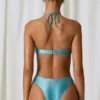 Melo Melo Pearl-Detail Cut-Out Halterneck Swimsuit in Turquoise
