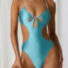 Melo Melo Pearl-Detail Cut-Out Halterneck Swimsuit in Turquoise