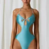 Melo Melo Pearl-Detail Cut-Out Halterneck Swimsuit in Turquoise