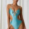 Melo Melo Pearl-Detail Cut-Out Halterneck Swimsuit in Turquoise