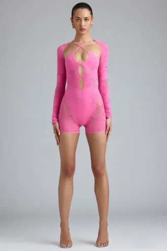 Melody Embellished Cut-Out Unitard in Bubblegum Pink