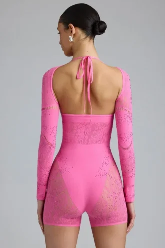 Melody Embellished Cut-Out Unitard in Bubblegum Pink