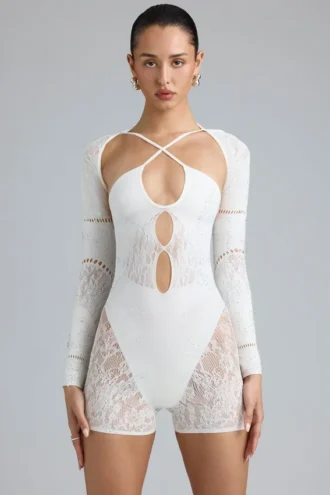 Melody Embellished Cut-Out Unitard in Ivory