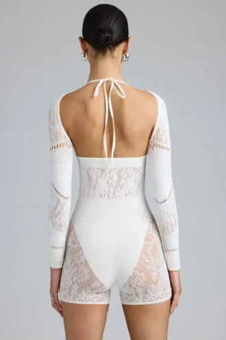 Melody Embellished Cut-Out Unitard in Ivory