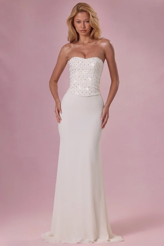 Melora Embellished Corset Strapless Gown in Ivory Melora Embellished Corset Strapless Gown in Ivory
