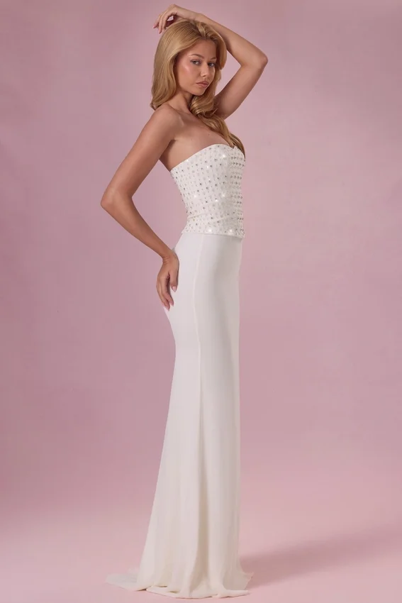 Melora Embellished Corset Strapless Gown in Ivory Melora Embellished Corset Strapless Gown in Ivory