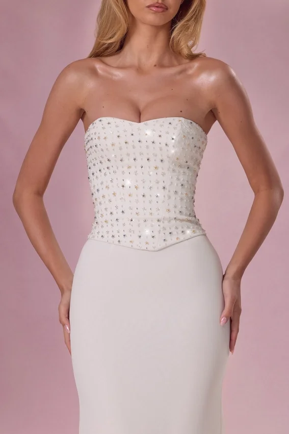 Melora Embellished Corset Strapless Gown in Ivory Melora Embellished Corset Strapless Gown in Ivory