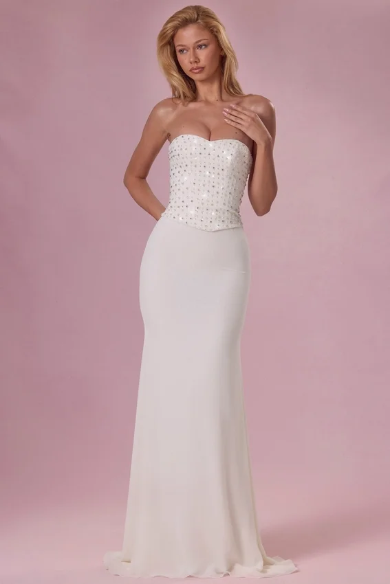 Melora Embellished Corset Strapless Gown in Ivory Melora Embellished Corset Strapless Gown in Ivory