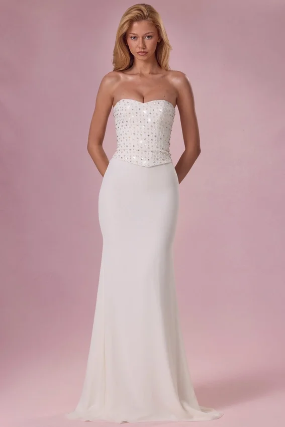 Melora Embellished Corset Strapless Gown in Ivory Melora Embellished Corset Strapless Gown in Ivory