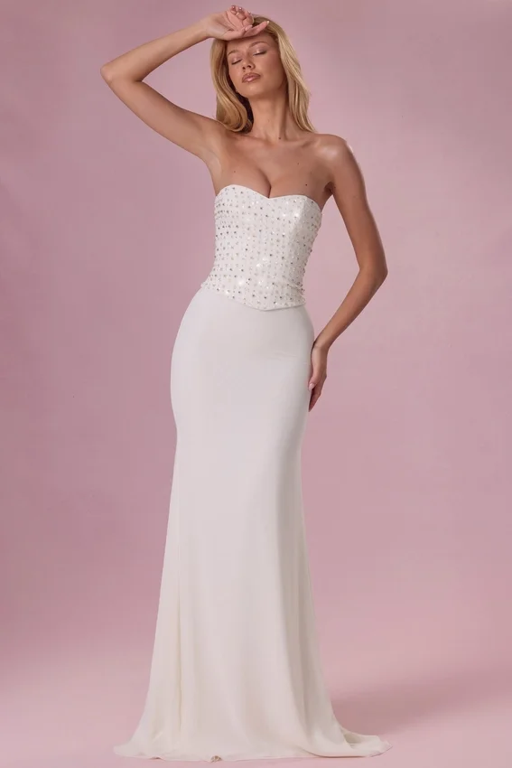 Melora Embellished Corset Strapless Gown in Ivory Melora Embellished Corset Strapless Gown in Ivory