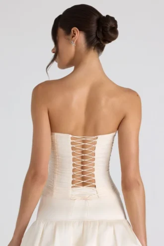 Melvina Ruched Lace-Up Strapless Corset Top in Ivory