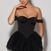 Meredith Off-Shoulder Layered Corset Micro Mini Dress in Black
