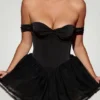 Meredith Off-Shoulder Layered Corset Micro Mini Dress in Black