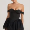 Meredith Off-Shoulder Layered Corset Micro Mini Dress in Black