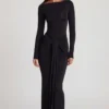 Mericia Soft Jersey Boat-Neck Tie-Gather Maxi Dress in Black