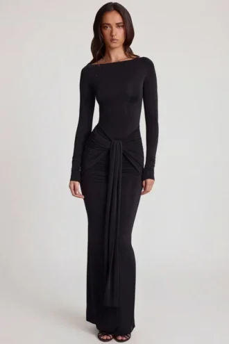 Mericia Soft Jersey Boat-Neck Tie-Gather Maxi Dress in Black