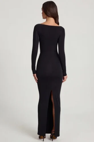 Mericia Soft Jersey Boat-Neck Tie-Gather Maxi Dress in Black