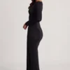 Mericia Soft Jersey Boat-Neck Tie-Gather Maxi Dress in Black