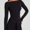 Mericia Soft Jersey Boat-Neck Tie-Gather Maxi Dress in Black