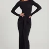 Mericia Soft Jersey Boat-Neck Tie-Gather Maxi Dress in Black
