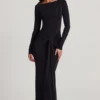 Mericia Soft Jersey Boat-Neck Tie-Gather Maxi Dress in Black