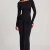 Mericia Soft Jersey Boat-Neck Tie-Gather Maxi Dress in Black