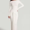 Mericia Soft Jersey Boat-Neck Tie-Gather Maxi Dress in White