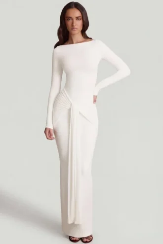 Mericia Soft Jersey Boat-Neck Tie-Gather Maxi Dress in White
