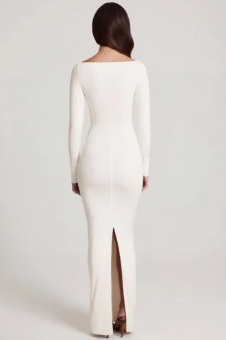 Mericia Soft Jersey Boat-Neck Tie-Gather Maxi Dress in White
