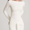 Mericia Soft Jersey Boat-Neck Tie-Gather Maxi Dress in White