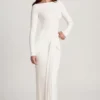 Mericia Soft Jersey Boat-Neck Tie-Gather Maxi Dress in White