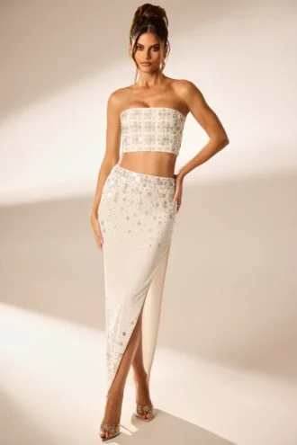 Merope Hand Embellished Maxi Skirt in Ivory