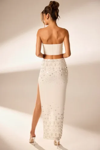 Merope Hand Embellished Maxi Skirt in Ivory