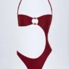 Miami Bead-Embellished Cut-Out Bandeau Swimsuit in Dark Cherry