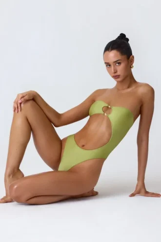 Miami Bead-Embellished Cut-Out Bandeau Swimsuit in Pear Green
