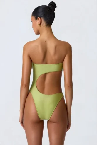 Miami Bead-Embellished Cut-Out Bandeau Swimsuit in Pear Green