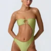 Miami Bead-Embellished Cut-Out Bandeau Swimsuit in Pear Green
