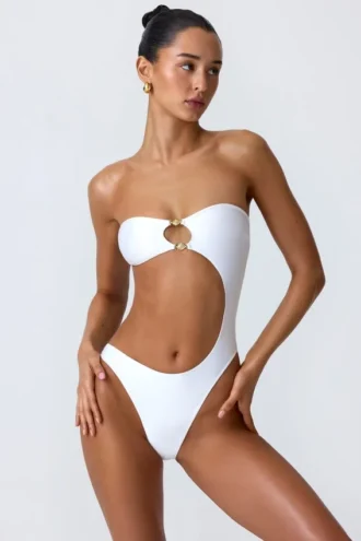 Miami Bead-Embellished Cut-Out Bandeau Swimsuit in White