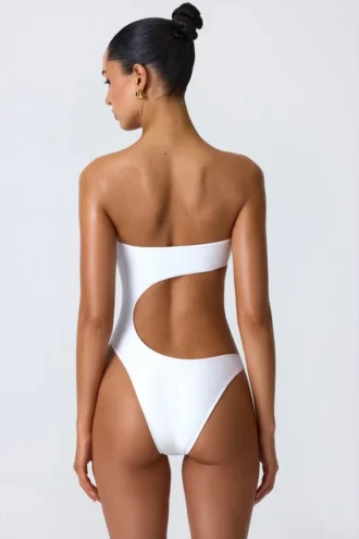 Miami Bead-Embellished Cut-Out Bandeau Swimsuit in White