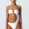 Miami Bead-Embellished Cut-Out Bandeau Swimsuit in White