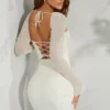 Milan Long Sleeve Embellished Corset Mini Dress in Ivory