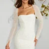 Milan Long Sleeve Embellished Corset Mini Dress in Ivory